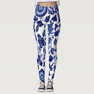 Legging Padrão floral azul-marinho chinês em branco