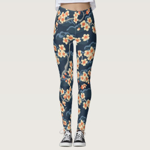 Legging Padrão Floral Azul Marinho Coral Creme Sakura
