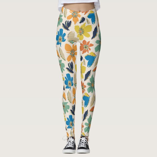 Legging Padrão Floral Boho Desenhado à Mão Abstrato (Frente)