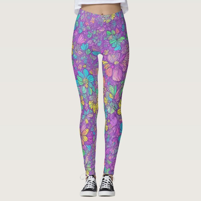 Legging Padrão Floral Boho Hippie Cor Roxa Bonito Divertid (Frente)