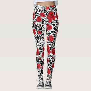 Legging Padrão Floral bonito em Vermelho, Preto e Branco
