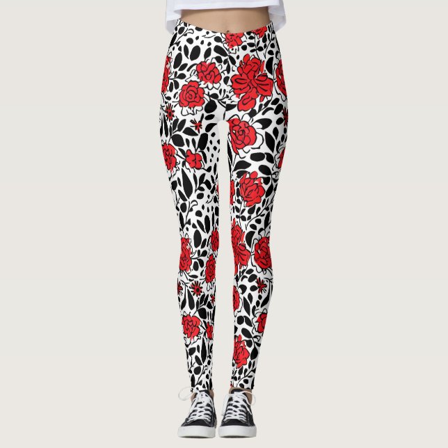 Legging Padrão Floral bonito em Vermelho, Preto e Branco (Frente)
