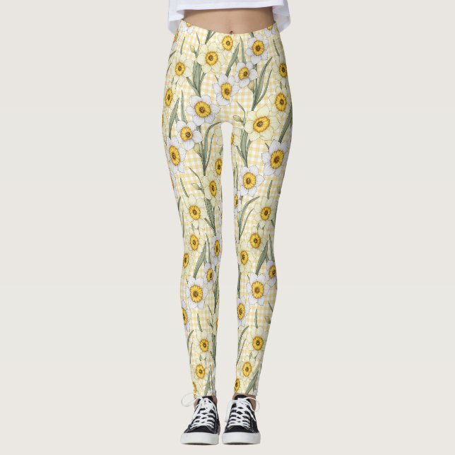 Legging Padrão Floral Botânico Narciso Xadrez Amarelo (Frente)