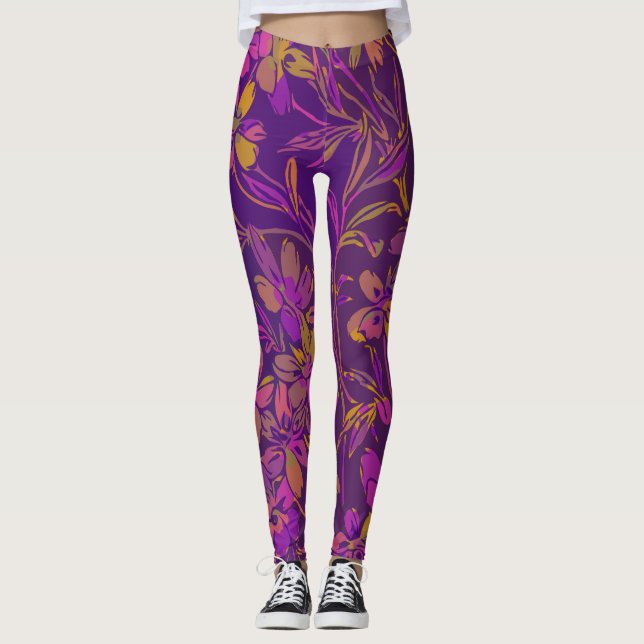 Legging Padrão Floral Botânico Negrito em Púrpura Escura (Frente)