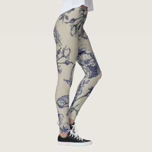 Legging Padrão Floral Botânico Toile Azul Vintage