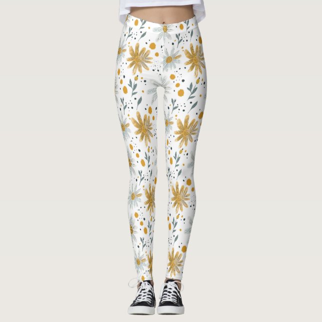 Legging Padrão Floral Branco e Amarelo (Frente)