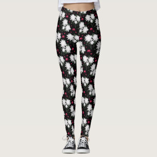 Legging Padrão Floral Branco Elegante em Fundo Preto