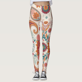 Legging Padrão Floral branco Paisley Boho Vibrante