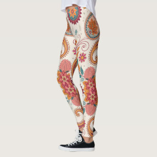 Legging Padrão Floral branco Paisley Boho Vibrante