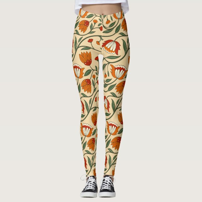 Legging Padrão floral contínuo em fundo bege (Frente)