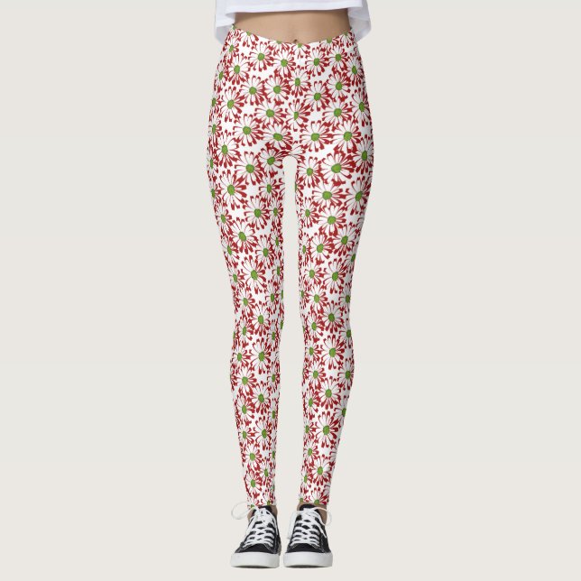 Legging Padrão Floral da Margarida Vermelha e Verde Natal (Frente)