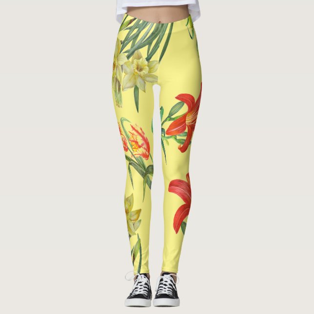 Legging Padrão Floral das Flores Amarelas de Mola Aquática (Frente)