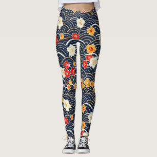 Legging Padrão Floral de Ameixa em Flor com Onda Japonesa