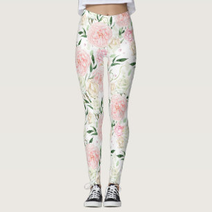 Legging Padrão Floral de Aquarela com Peônia de Rosa Suave