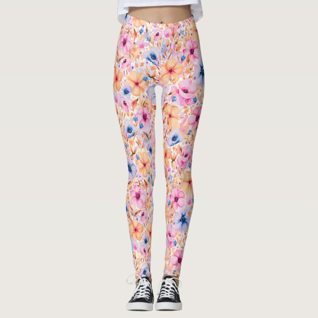 Legging Padrão Floral de Flores Silvestres Coloridas em Aq (Frente)