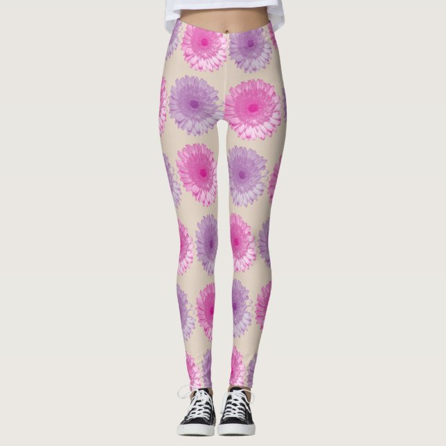 Legging Padrão floral de gerber, rosa e roxo (Frente)