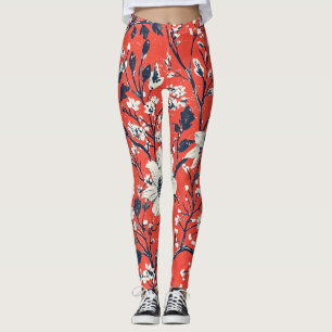 Legging Padrão Floral de Inverno do Folclore Índigo Vermel