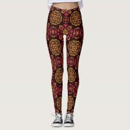Legging Padrão Floral de Mandala em tons ricos de vermelho
