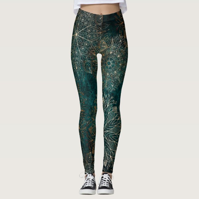 Legging Padrão Floral de Mandala Verde Elegante Dourado e  (Frente)