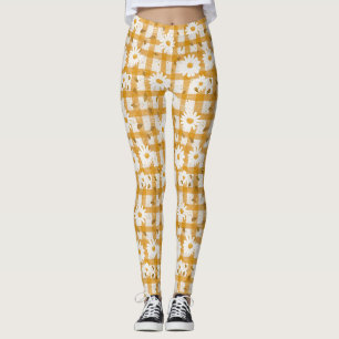 Legging Padrão Floral de Margarida Branca em Gingham Amare