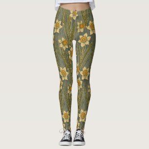Legging Padrão Floral de Narciso Amarelo Branco Minimalist