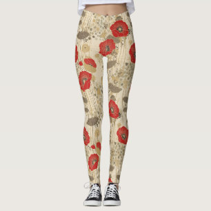 Legging Padrão Floral de Papoila Vermelha