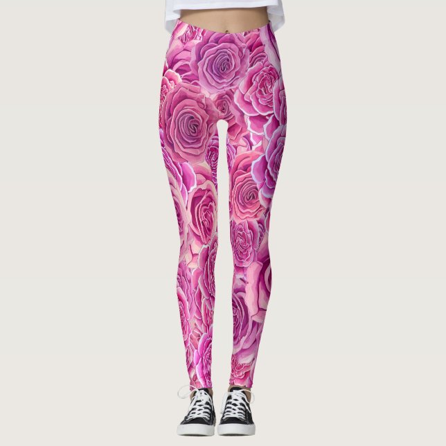 Legging Padrão Floral de Rosas Violetas Rosa de Aquarela (Frente)
