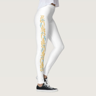 Legging Padrão Floral de Trabalho de Rolo de Damasco Branc