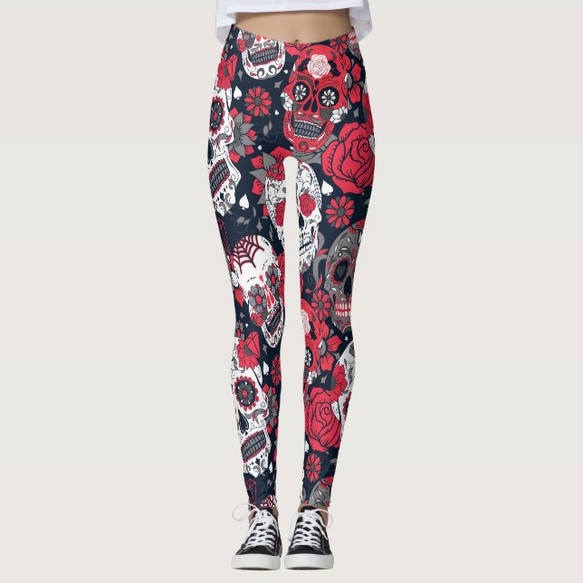 Legging Padrão floral do crânio vermelho (Frente)