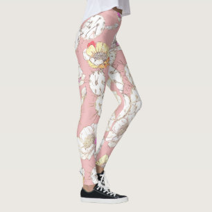 Legging Padrão Floral Dourado Branca Moderno Cor-de-Rosa C