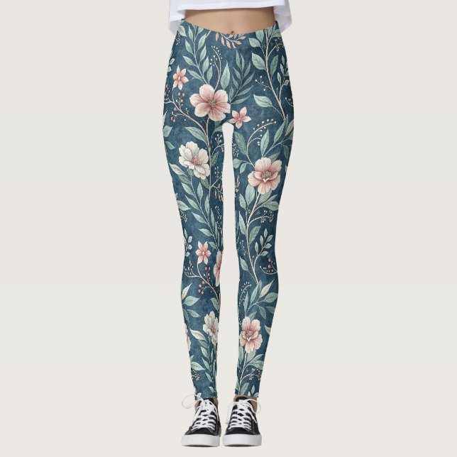 Legging Padrão Floral Elegante com Brilhos Rosa e Creme (Frente)