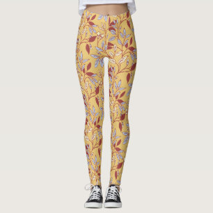 Legging Padrão Floral Elegante com Folhas Vermelhas e Azui