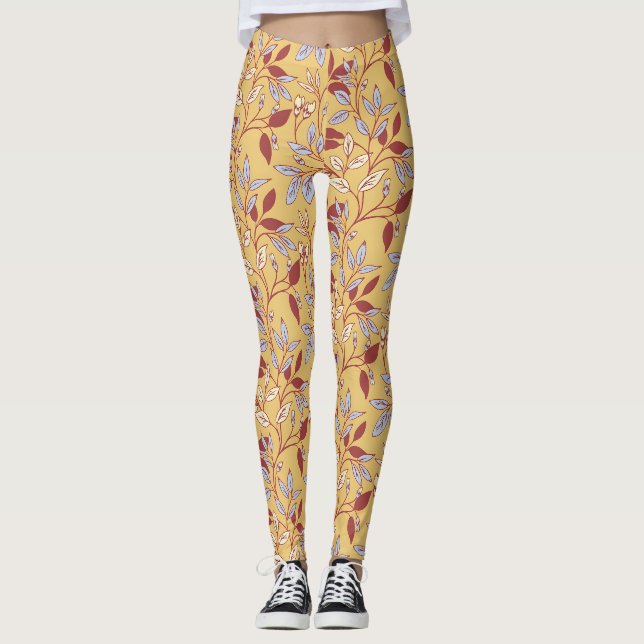Legging Padrão Floral Elegante com Folhas Vermelhas e Azui (Frente)