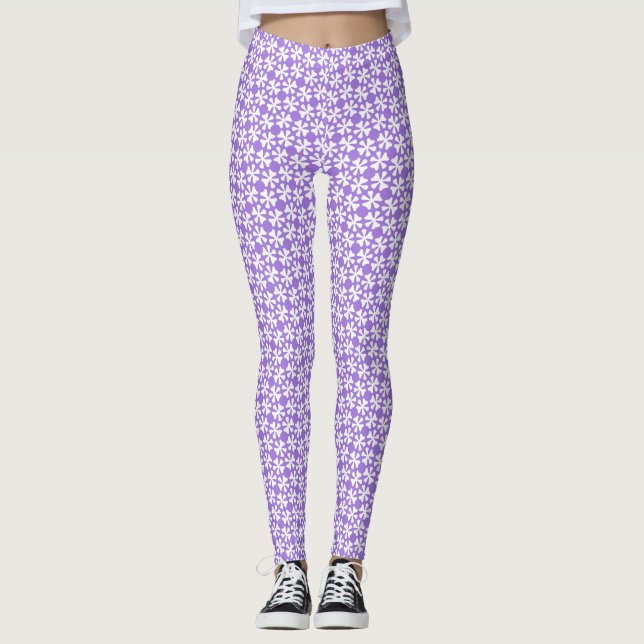 Legging Padrão Floral Geométrico Moderno Branco e Roxo (Frente)