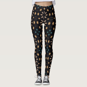 Legging Padrão Floral Geométrico Preto e Dourado Elegante