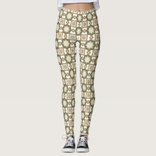 Legging Padrão Floral Geométrico Verde Oliva Vintage