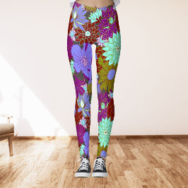 Legging Padrão floral grande e preto em roxo e verde