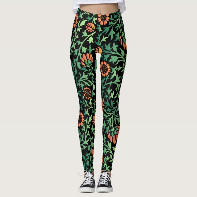 Legging Padrão Floral Intricado com Folhas Verdes (Frente)