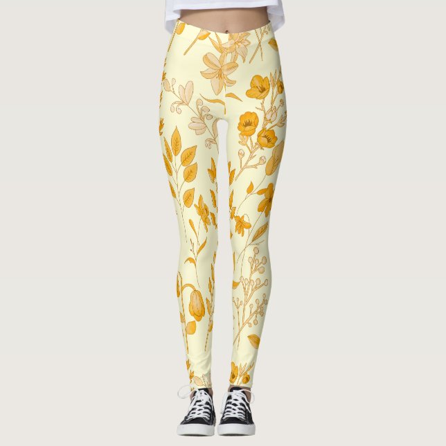 Legging Padrão Floral ouro para o outono. L Amarelo BG (Frente)