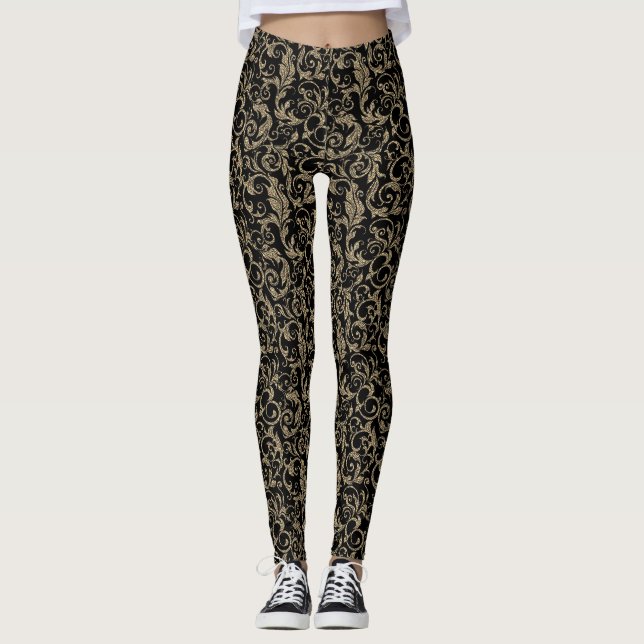 Legging Padrão floral preto-branco-cinzento (Frente)