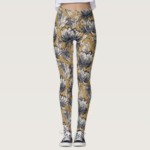 Legging Padrão Floral Preto e Branco Elegante em Dourado M