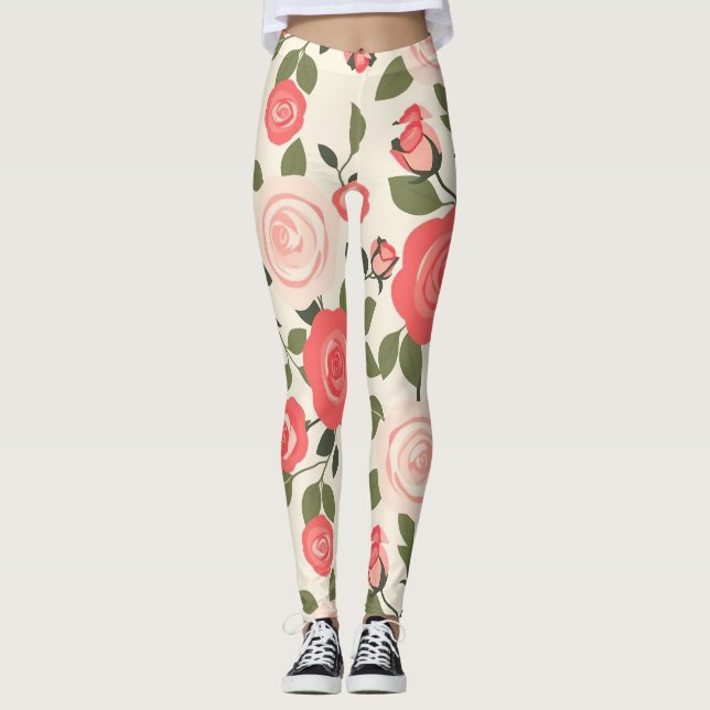 Legging Padrão Floral Rosa Rosa Romântica (Frente)