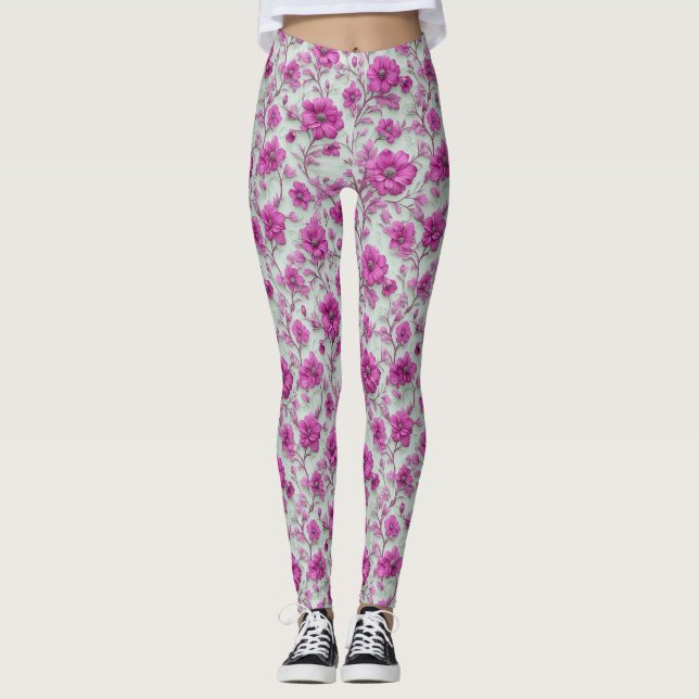Legging Padrão Floral Rosa Vibrante Com Flores Magenta (Frente)
