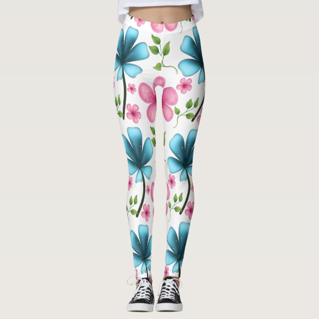 Legging Padrão Floral Sem Costura Rosa e Azul (Frente)