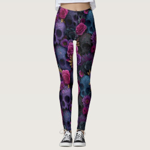 Legging Padrão Floral Sem Emenda de Caveira Gótica Escura