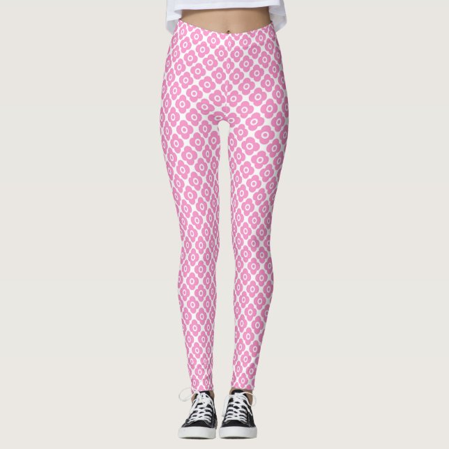 Legging Padrão floral simples rosa e branco (Frente)