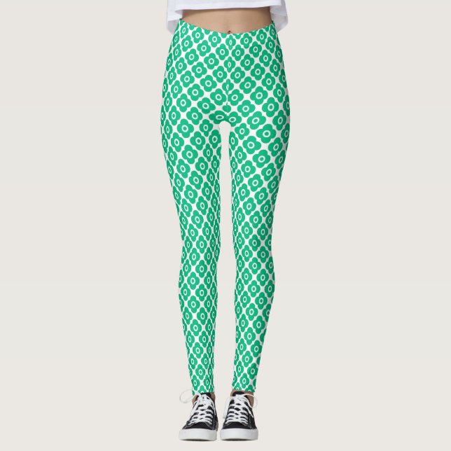 Legging Padrão floral simples verde e branco retrô (Frente)