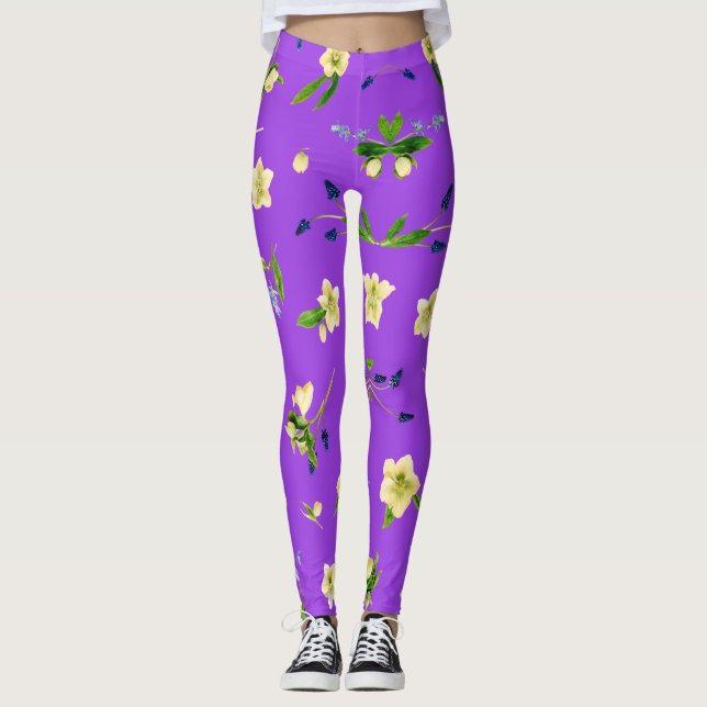 Legging Padrão floral verão sobre fundo roxo brilhante (Frente)