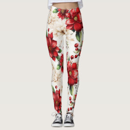 Legging Padrão Floral Verde Vermelho Verde Elegante Chic G