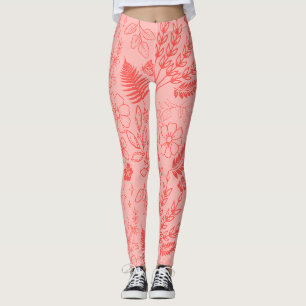 Legging Padrão Floral Vermelho Coral Tropical